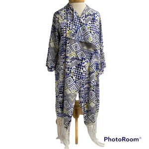 ING kimono Open front Duster or Bathing suit cover size L Fringe trim on bottom